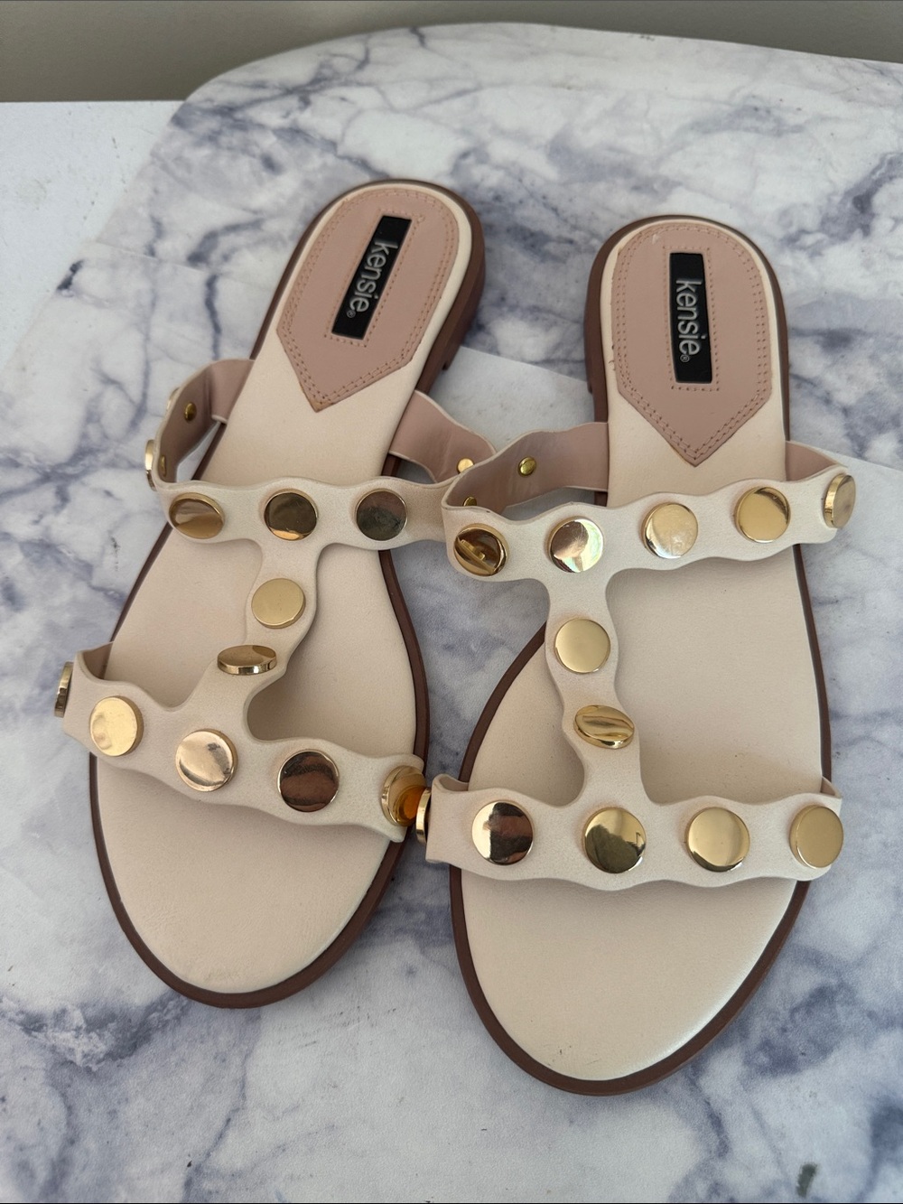 kensie Cream Slide Sandals with Gold Stud Accents